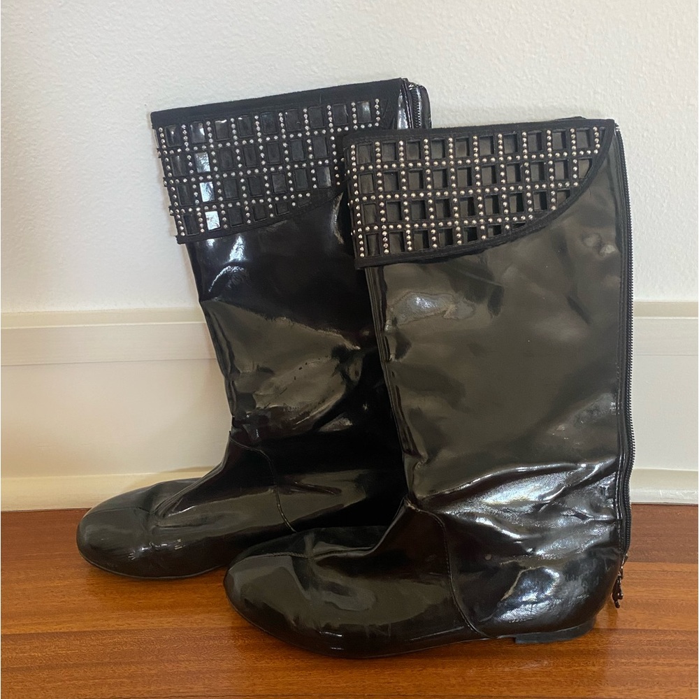 Stuart Weitzman Tall Black Zip Up Boots with Studded Design